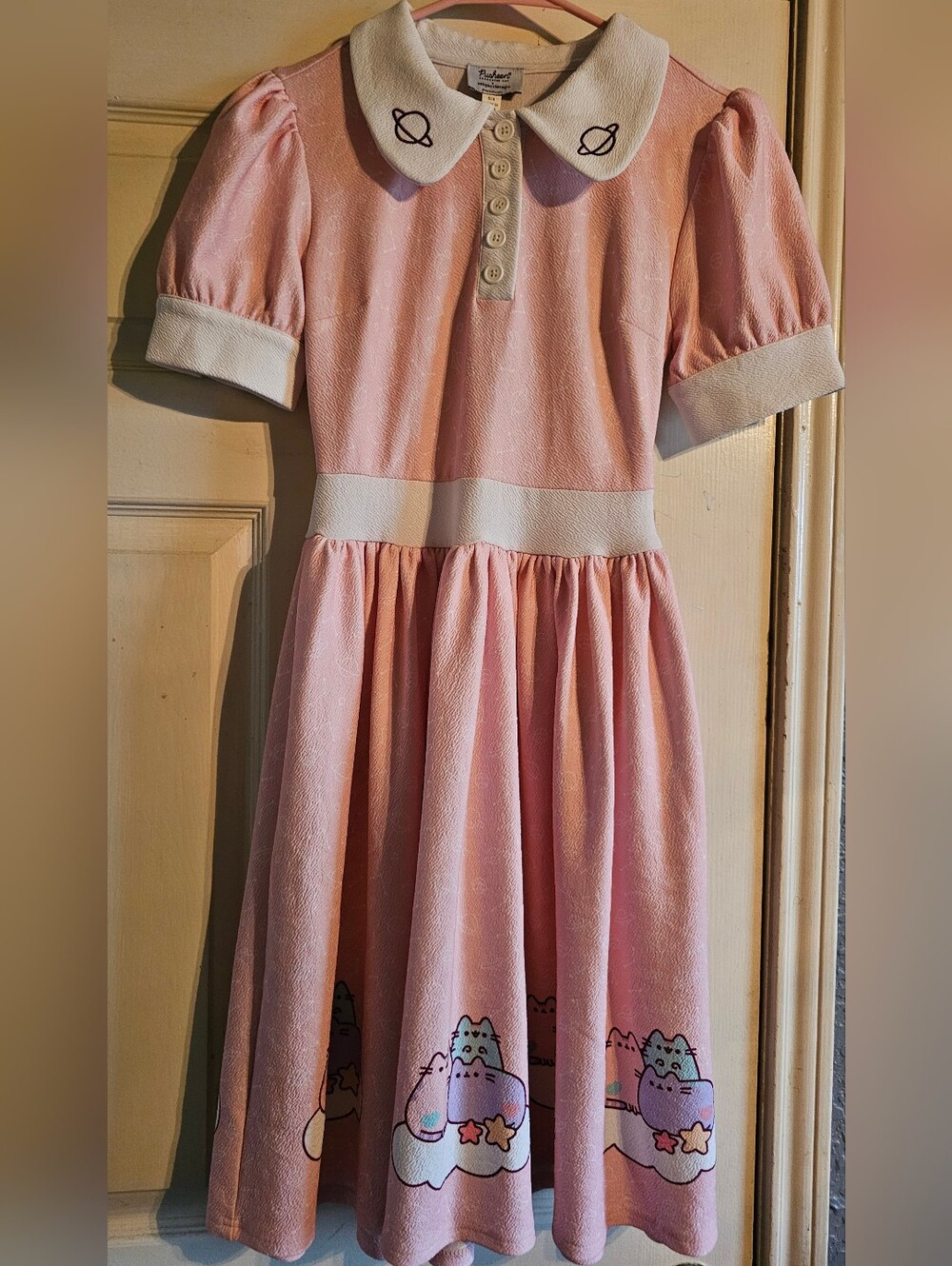 Pusheen Pink Collared Puff-Sleeve Dress with Cat Cloud Print